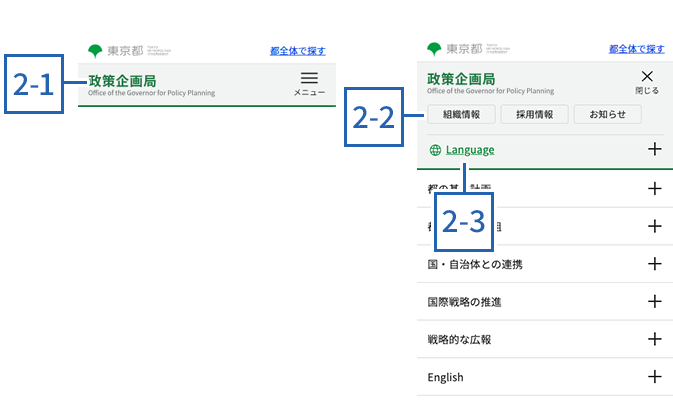 東京都の各局等のサイト使い方 スマートフォン 2.グローバルナビゲーション