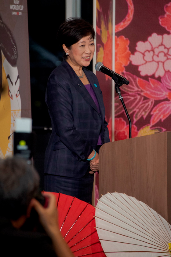 ラグビーワールドカップ2019ウェルカムセレモニー（日本代表）で挨拶をする小池知事の写真
