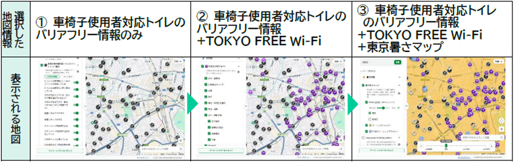 ①「車椅子使用者対応トイレのバリアフリー情報」のみの地図を選択すると、その地図が表示されます。続いて、②「対応トイレのバリアフリー情報」プラス、「TOKYO FREE Wi-Fi」も選択すると、二つの地図が重なって表示されます。さらに、③「対応トイレのバリアフリー情報」プラス、「TOKYO FREE Wi-Fi」プラス、「東京暑さマップ」を選択すると三つの地図が重なって表示されます。