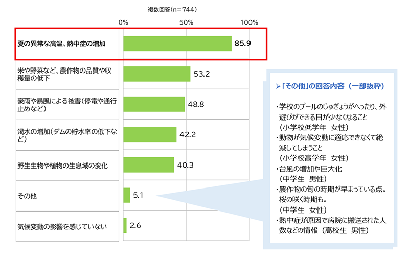 「その他」の回答内容（一部抜粋） ・学校のプールのじゅぎょうがへったり、外遊びができる日が少なくなること（小学校低学年　女性） ・動物が気候変動に適応できなくて絶滅してしまうこと（小学校高学年　女性） ・台風の増加や巨大化（中学生　男性） ・農作物の旬の時期が早まっている点。桜の咲く時期も。（中学生　女性） ・熱中症が原因で病院に搬送された人数などの情報（高校生　男性）