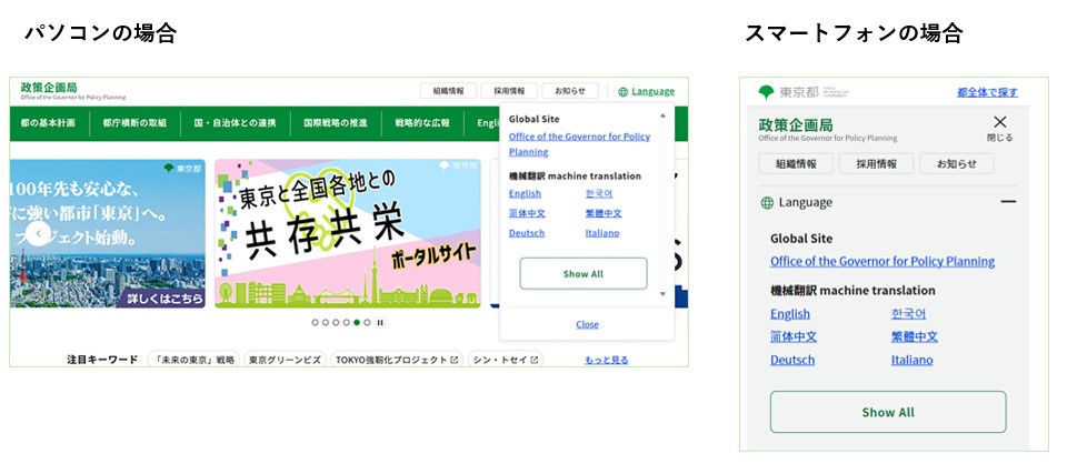東京都の各局等のサイト使い方 Languageリンク