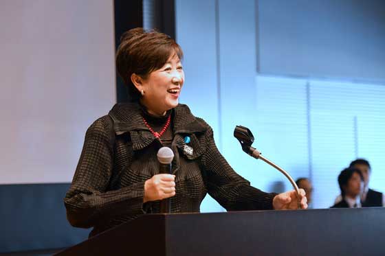 Governor Koike gives a welcome speech at Tokyo Ambassadors Night