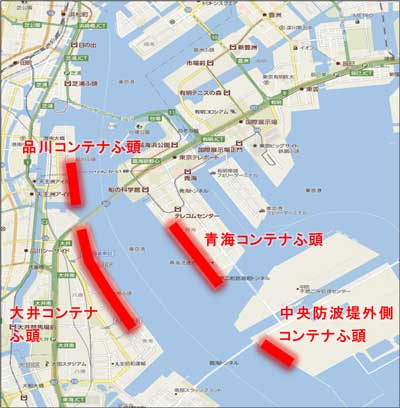 東京港でコンテナターミナルが整備されているふ頭の地図